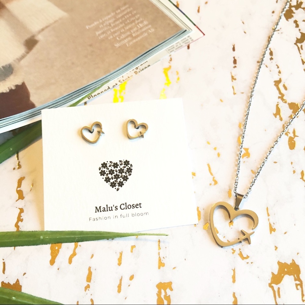 NWT  Heart Love Travel Earrings Necklace Set Stainless Steel Valentine's Day